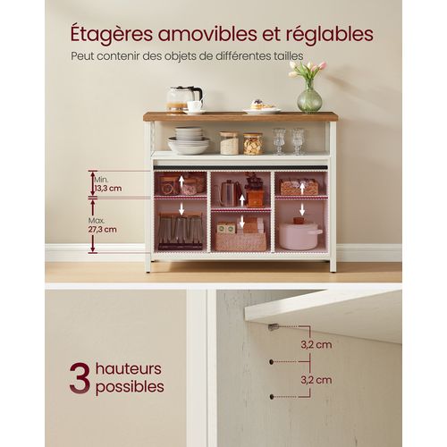 Buffet Cuisine, Avec 2 Portes Coulissantes, 33 X 100 X 80 Cm, étagères Réglables, Blanc Et Marron