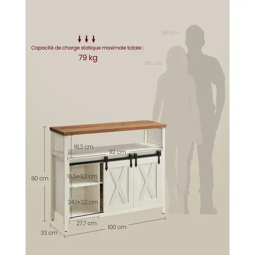Buffet Cuisine, Avec 2 Portes Coulissantes, 33 X 100 X 80 Cm, étagères Réglables, Blanc Et Marron
