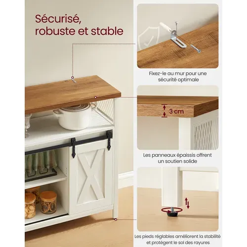 Buffet Cuisine, Avec 2 Portes Coulissantes, 33 X 100 X 80 Cm, étagères Réglables, Blanc Et Marron