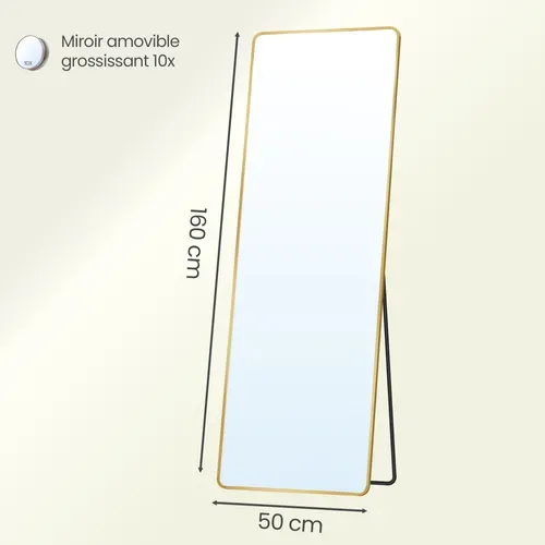Miroir Intégral, Miroir Rectangulaire Sur Pied, Grand Miroir à Poser Au Sol, Doré Clair