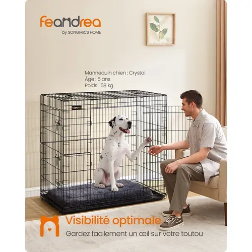 Cage Pour Chien Pliable Avec 2 Portes, Plateau Amovible, 122 X 74 X 114 Cm, Taille XXL, Haute, Noir