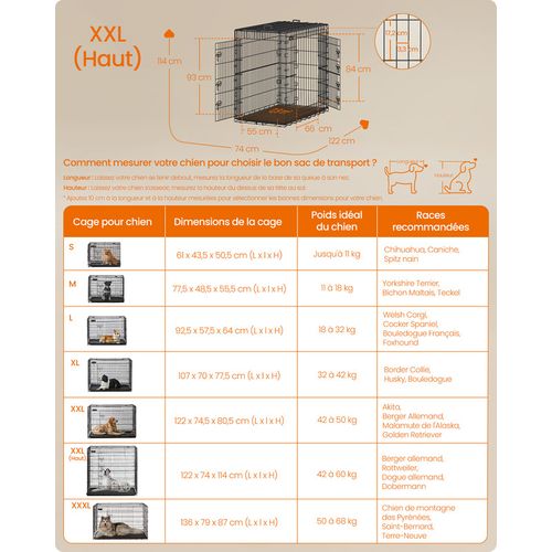 Cage Pour Chien Pliable Avec 2 Portes, Plateau Amovible, 122 X 74 X 114 Cm, Taille XXL, Haute, Noir