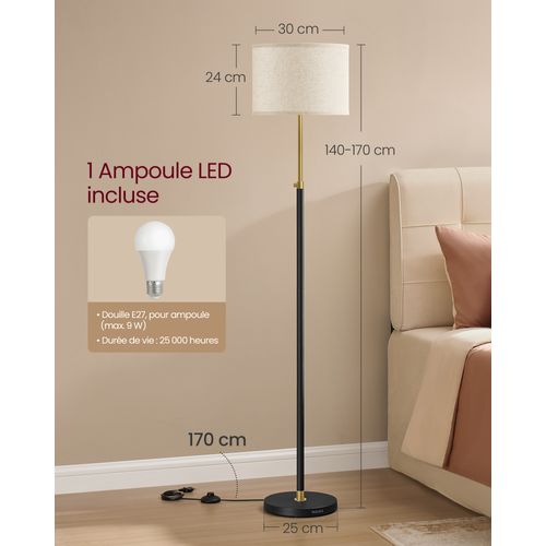 Lampadaire, Hauteur Réglable, Interrupteur à Pied, Abat-jour En Tissu, Douille E27, Doré Et Noir