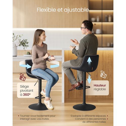 Lot De 2 Tabourets De Bar, Pivotants, Réglables En Hauteur, Dossier Ergonomique, Velours, Noir