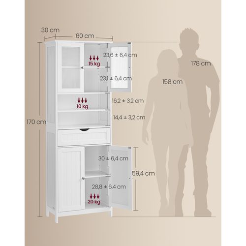 Meuble De Salle De Bain, Avec Étagères Réglables, Tiroir, Compartiments Ouverts, Blanc Nuage