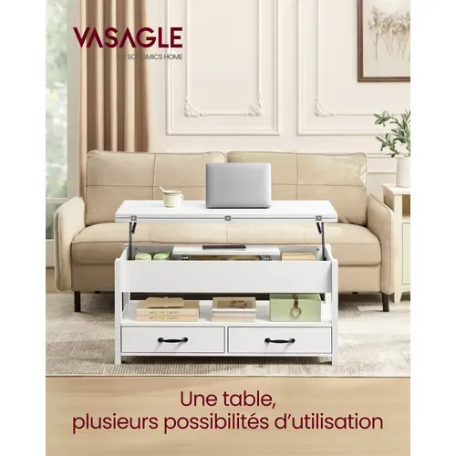 Table Basse, 2 Tiroirs Et 3 Compartiments Sous Le Plateau, 1 Compartiment Ouvert, Blanc Neige