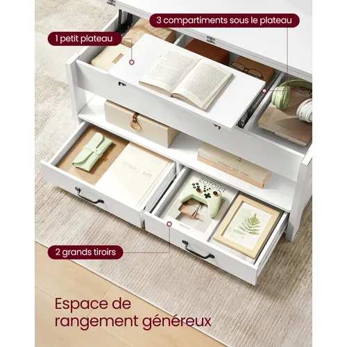 Table Basse, 2 Tiroirs Et 3 Compartiments Sous Le Plateau, 1 Compartiment Ouvert, Blanc Neige