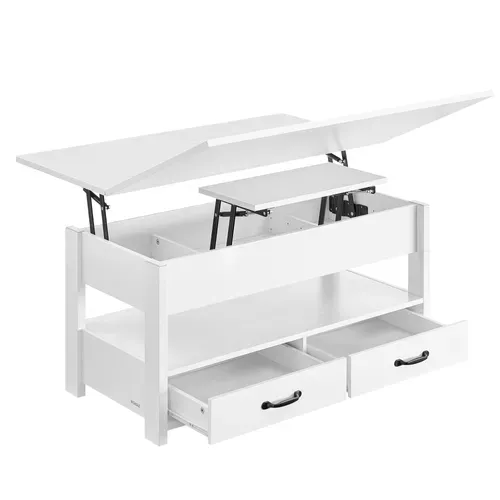 Table Basse, 2 Tiroirs Et 3 Compartiments Sous Le Plateau, 1 Compartiment Ouvert, Blanc Neige