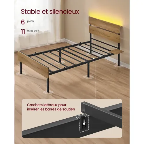 Cadre De Lit 90 X 190  Lit 1 Personne, Éclairage LED, Port USB Et Type-c, Marron Naturel