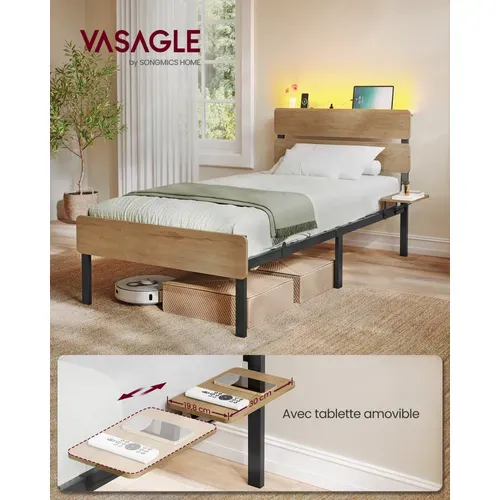 Cadre De Lit 90 X 190  Lit 1 Personne, Éclairage LED, Port USB Et Type-c, Marron Naturel