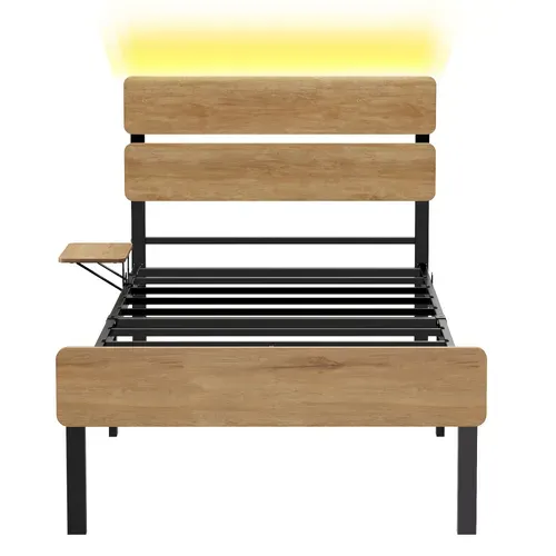 Cadre De Lit 90 X 190  Lit 1 Personne, Éclairage LED, Port USB Et Type-c, Marron Naturel