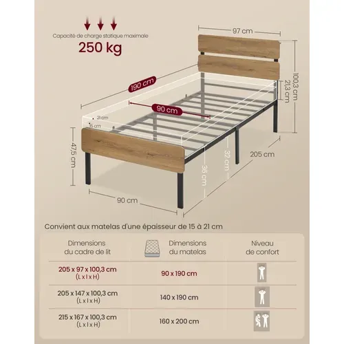 Cadre De Lit 90 X 190  Lit 1 Personne, Éclairage LED, Port USB Et Type-c, Marron Naturel