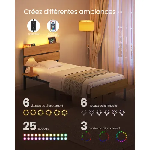 Cadre De Lit 90 X 190  Lit 1 Personne, Éclairage LED, Port USB Et Type-c, Marron Naturel