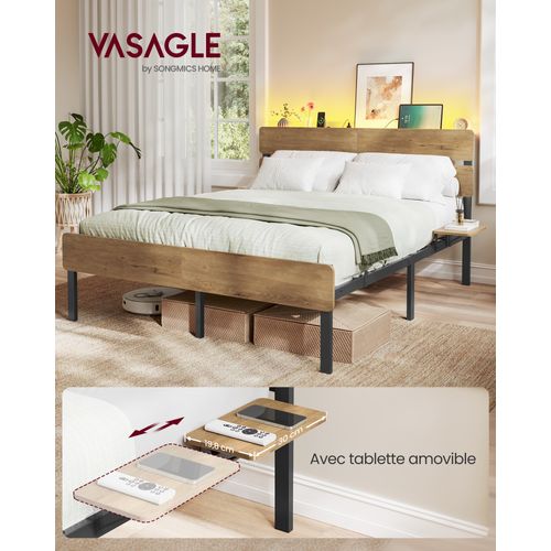 Cadre De Lit 140 X 190, Lit 2 Personnes, Éclairage LED, Port USB Et Type-c,  Marron Naturel