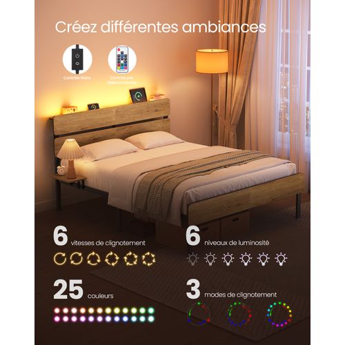 Cadre De Lit 140 X 190, Lit 2 Personnes, Éclairage LED, Port USB Et Type-c, Marron Naturel