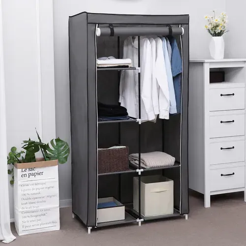 Armoire à Vêtements, Penderie, 1 Tringle à Vêtements, 6 Niveaux, Tissu Non-tissé, Gris
