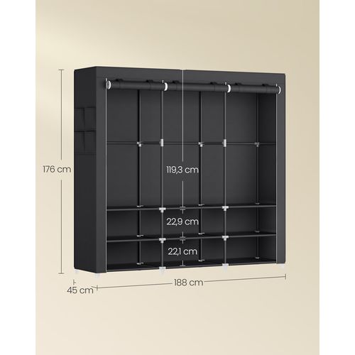 Armoire Chambre En Tissu, 3 Compartiments De Suspension, Abvec étagères, 4 Pochettes, Noir