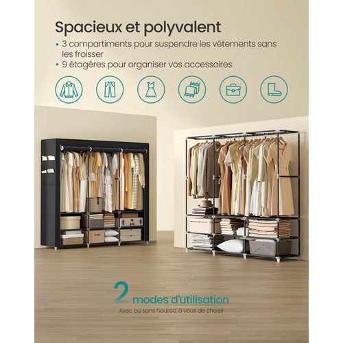 Armoire Chambre En Tissu, 3 Compartiments De Suspension, Abvec étagères, 4 Pochettes, Noir