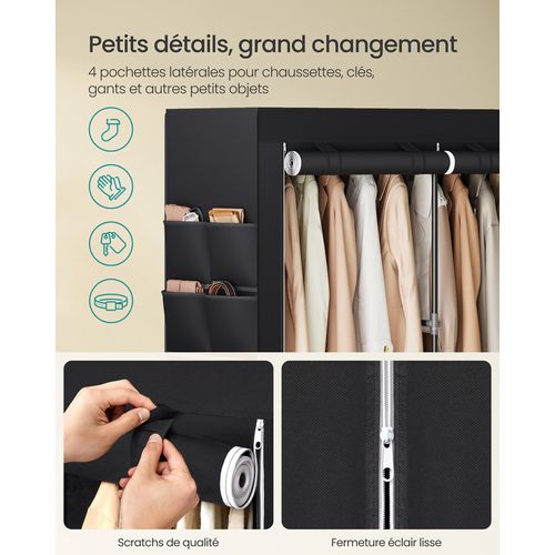 Armoire Chambre En Tissu, 3 Compartiments De Suspension, Abvec étagères, 4 Pochettes, Noir
