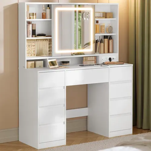 Coiffeuse Avec Miroir LED, Multiprise, 9 Tiroirs, Loupe 10x, éclairage 3 Couleurs, Blanc Nuage