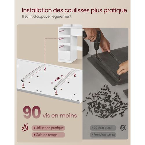 Coiffeuse Avec Miroir LED, Multiprise, 9 Tiroirs, Loupe 10x, éclairage 3 Couleurs, Blanc Nuage