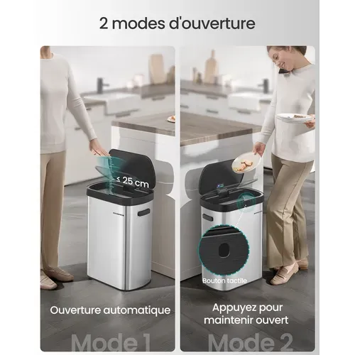 Poubelle De Cuisine Automatique 50 L, Avec Capteur De Mouvement, Argent Métallique Et Noir