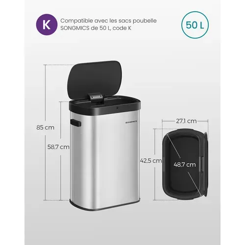 Poubelle De Cuisine Automatique 50 L, Avec Capteur De Mouvement, Argent Métallique Et Noir