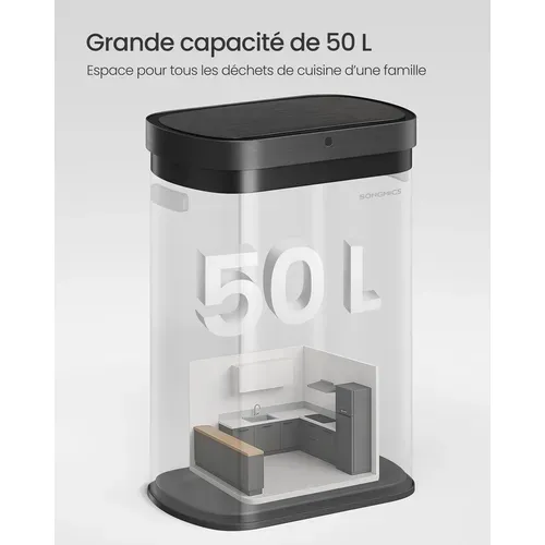 Poubelle De Cuisine Automatique 50 L, Avec Capteur De Mouvement, Argent Métallique Et Noir