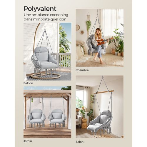 Fauteuil Suspendu, Chaise Avec Coussin, Déco Maison Cocooning, Bohème, Gris Tourterelle