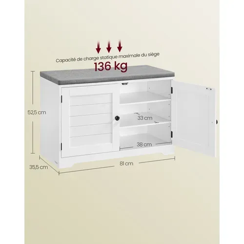 Banc à Chaussures Sur 3 Niveaux, 35,5 X 81 X 52,5 Cm, Blanc Nuage Et Gris Tourterelle