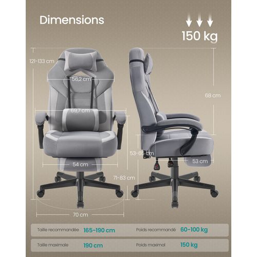 Chaise De Jeu, Ergonomique,  Capacité De Charge De 150 Kg, Gris Ardoise Et Gris Tourterelle