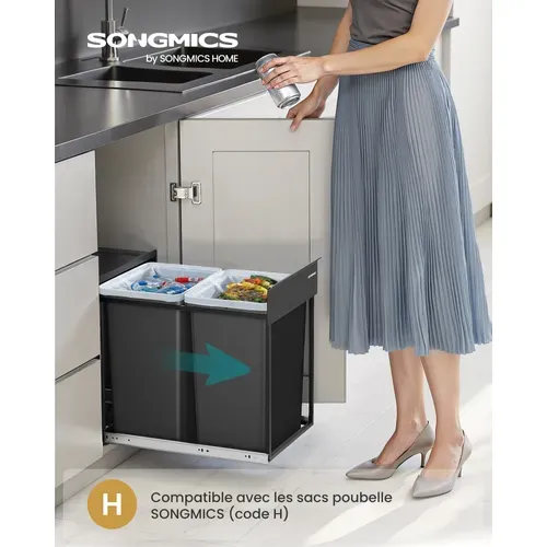 Poubelle De Tri Sélectif, Poubelle De Cuisine Extractible Coulissante, 2 Seaux De 20 L, Noir D'encre