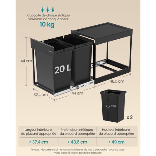 Poubelle De Tri Sélectif, Poubelle De Cuisine Extractible Coulissante, 2 Seaux De 20 L, Noir D'encre