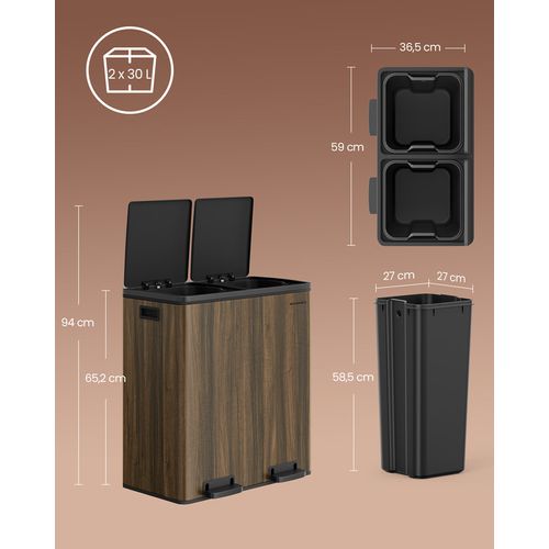 Poubelle à Double Compartiment 2 X 30 L, Avec 15 Sacs Poubelles, Pédales En Métal