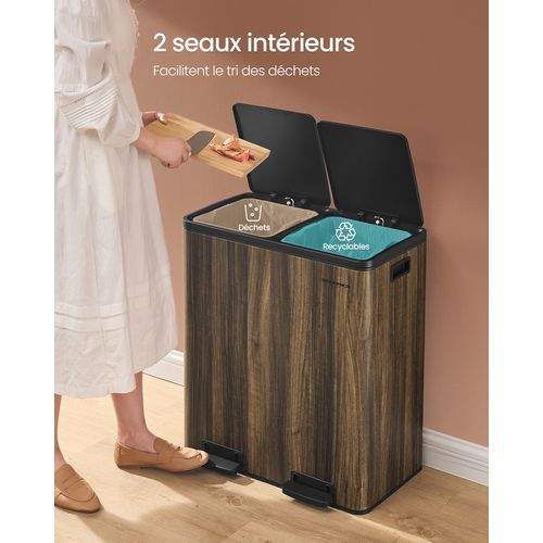 Poubelle à Double Compartiment 2 X 30 L, Avec 15 Sacs Poubelles, Pédales En Métal