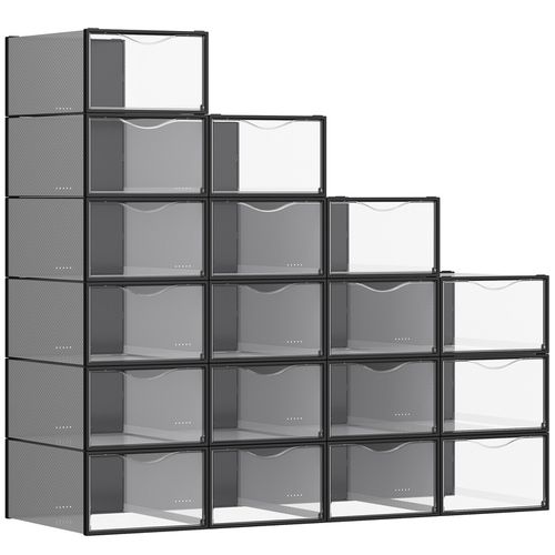 Lot De 18 Boîtes à Chaussures Transparentes HOMCOM – Empilables, Portes Magnétiques, Anti-poussière, Chaussures Jusqu’à Pointure 45, Idéal Rangement Gain De Place