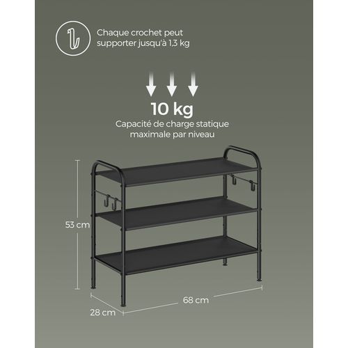 Organiseur De Chaussures à 3 Niveaux, En Métal Avec 4 Crochets Latéraux, Pour 12 Paires