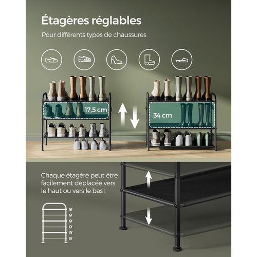 Organiseur De Chaussures à 3 Niveaux, En Métal Avec 4 Crochets Latéraux, Pour 12 Paires