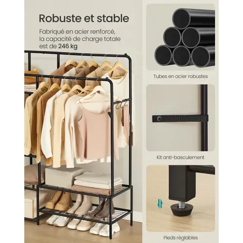 Portant à Vêtements, Avec 9 Étagères, Cadre En Métal, Tringles, Pour Chambre, Salon, Entrée, Noir