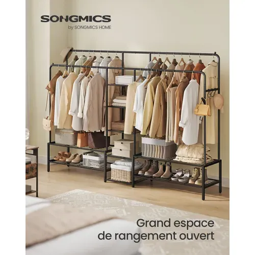 Portant à Vêtements, Avec 9 Étagères, Cadre En Métal, Tringles, Pour Chambre, Salon, Entrée, Noir