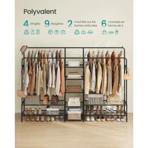 Portant à Vêtements, Avec 9 Étagères, Cadre En Métal, Tringles, Pour Chambre, Salon, Entrée, Noir