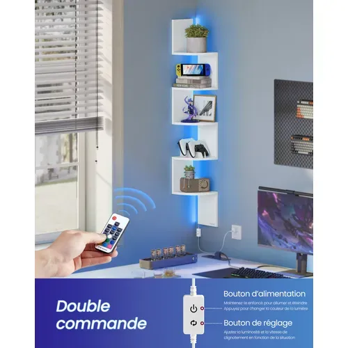 Étagère D’angle Murale Avec Éclairage LED, 5 Niveaux, Étagère Flottante, Avec Bouton, Blanc Mat
