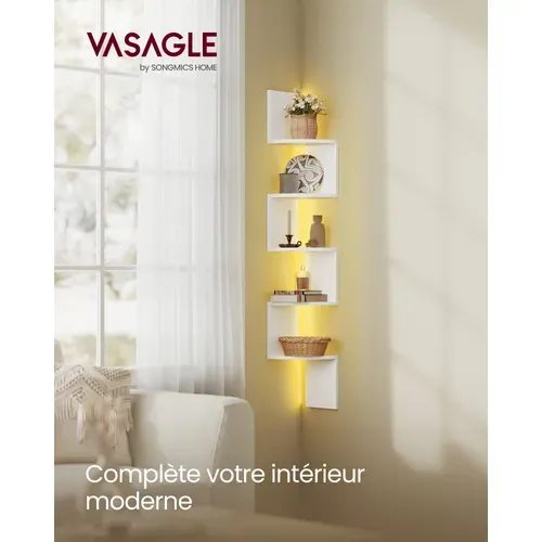 Étagère D’angle Murale Avec Éclairage LED, 5 Niveaux, Étagère Flottante, Avec Bouton, Blanc Mat