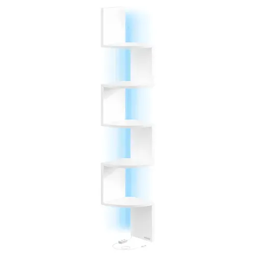 Étagère D’angle Murale Avec Éclairage LED, 5 Niveaux, Étagère Flottante, Avec Bouton, Blanc Mat