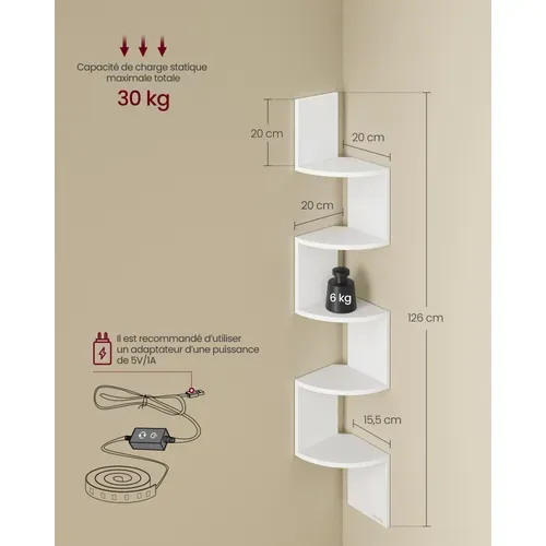 Étagère D’angle Murale Avec Éclairage LED, 5 Niveaux, Étagère Flottante, Avec Bouton, Blanc Mat