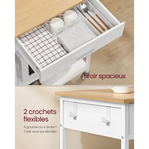 Desserte De Cuisine à Roulettes, 45 X 60 X 90 Cm, Avec Tiroir, 2 Crochets, Beige Chêne Et Blanc Mat