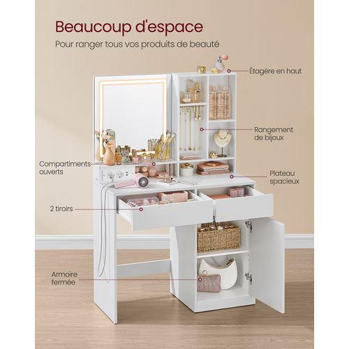 Coiffeuse Avec Tabouret De Coiffeuse, Avec Miroir Et Lumière, Largeur De 90 Cm, Blanc Et Rose