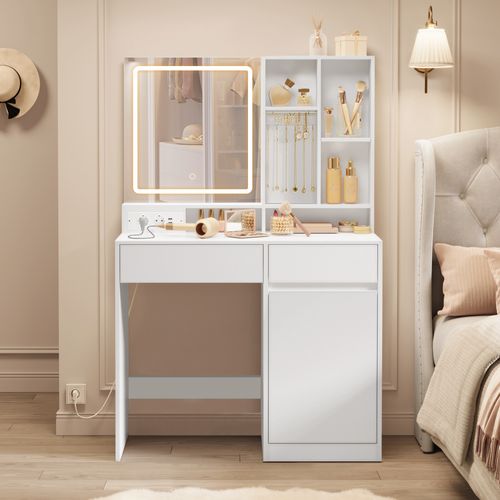Coiffeuse Avec Tabouret De Coiffeuse, Avec Miroir Et Lumière, Largeur De 90 Cm, Blanc Et Rose