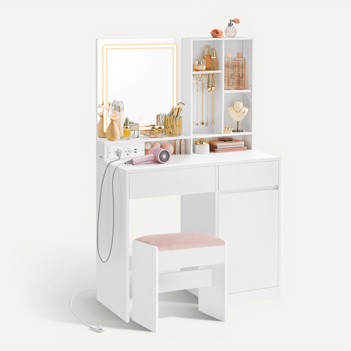 Coiffeuse Avec Tabouret De Coiffeuse, Avec Miroir Et Lumière, Largeur De 90 Cm, Blanc Et Rose