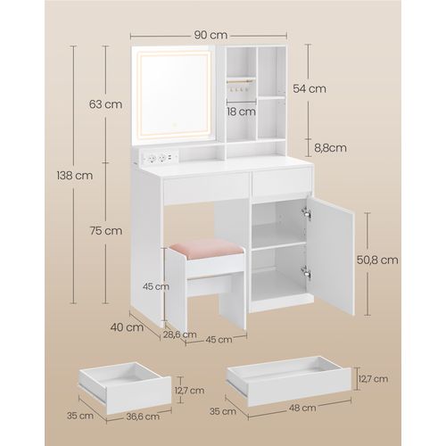 Coiffeuse Avec Tabouret De Coiffeuse, Avec Miroir Et Lumière, Largeur De 90 Cm, Blanc Et Rose